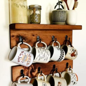 Wooden Wall Mount Cup Rack – 8 Mug Hooks